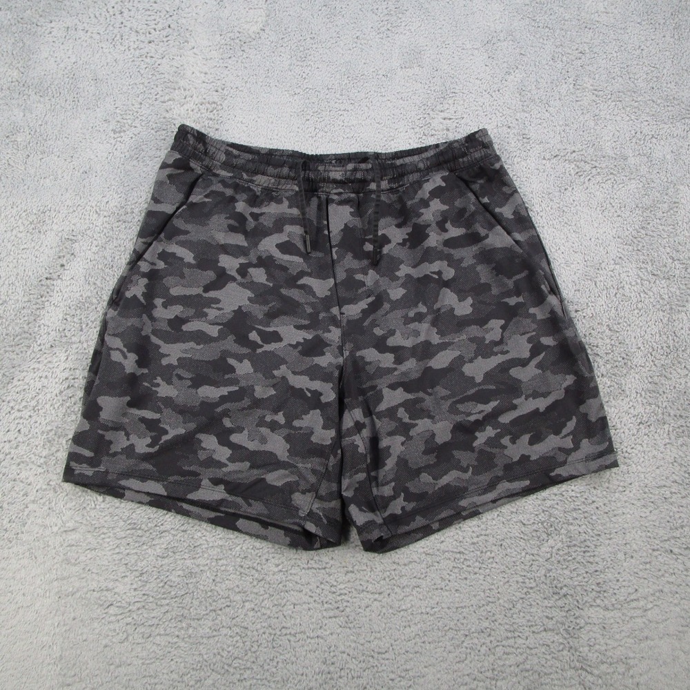 Lululemon Mens Camo Athletic Shorts Grey Black Drawstring Gym Running Size XL